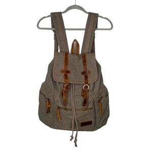 Bluboon Dark Green & Brown Leather Canvas Backpack Magnetic/Drawstring Closure